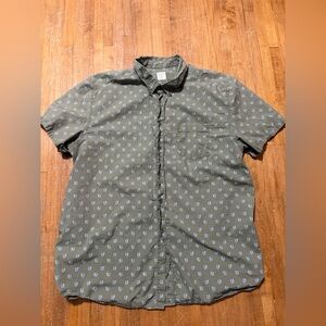 Old Navy Mens Size XXXL Tall Button Down Green Blue Print Short Sleeve Casual